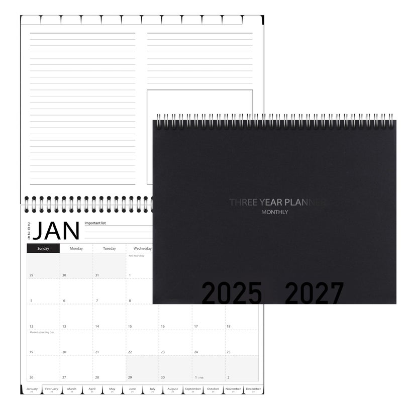 Bubbley 3-Year Calendar Planner, 2025-2027 Monthly Schedule Organizer Flip Calendar Diary with Tabs, Spiral Bound Top, Black, 8.5 x 11 Inches - Image 5
